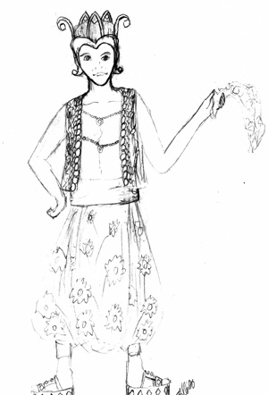 This is a black and white image is of young man wearing an elaborate hat, an open vest covered with emboridery with chain stretched across the chest, gisgir that go down to the midcalf, and jeweled sandals with thick soles. He is holding a richly emboidered hand scarf.