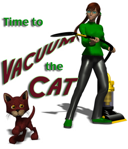 A woman in glasses confronts a dubious cat with her vacuum cleaner 